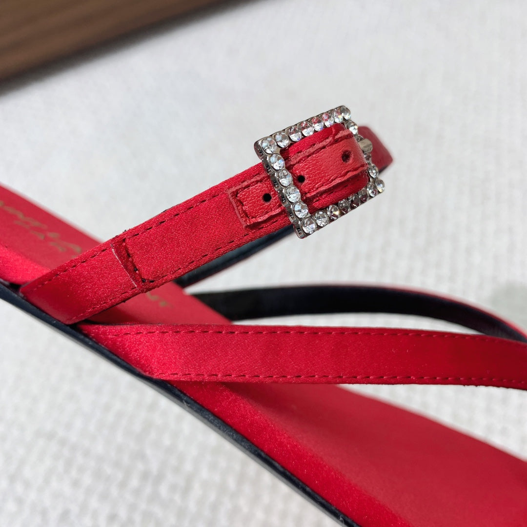 SL CRYSTAL BUCKLE THONG SANDAL RED SATIN - 35