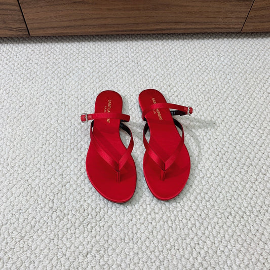SL CRYSTAL BUCKLE THONG SANDAL RED SATIN - 35