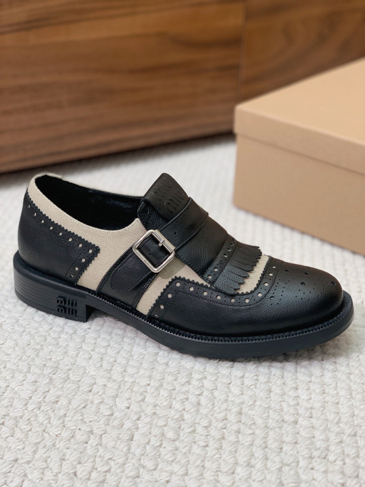 OXFORD SHOES BLACK MIX CREAM COWHIDE - 35