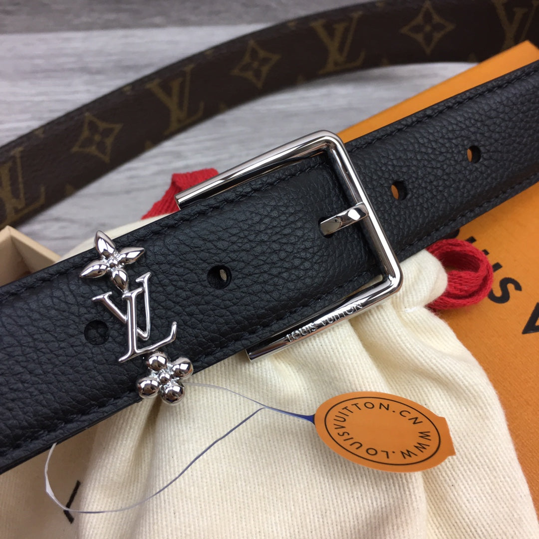 LV BLOOM 30MM BELT BLACK CALFSKIN SILVER HARDWARE - 30