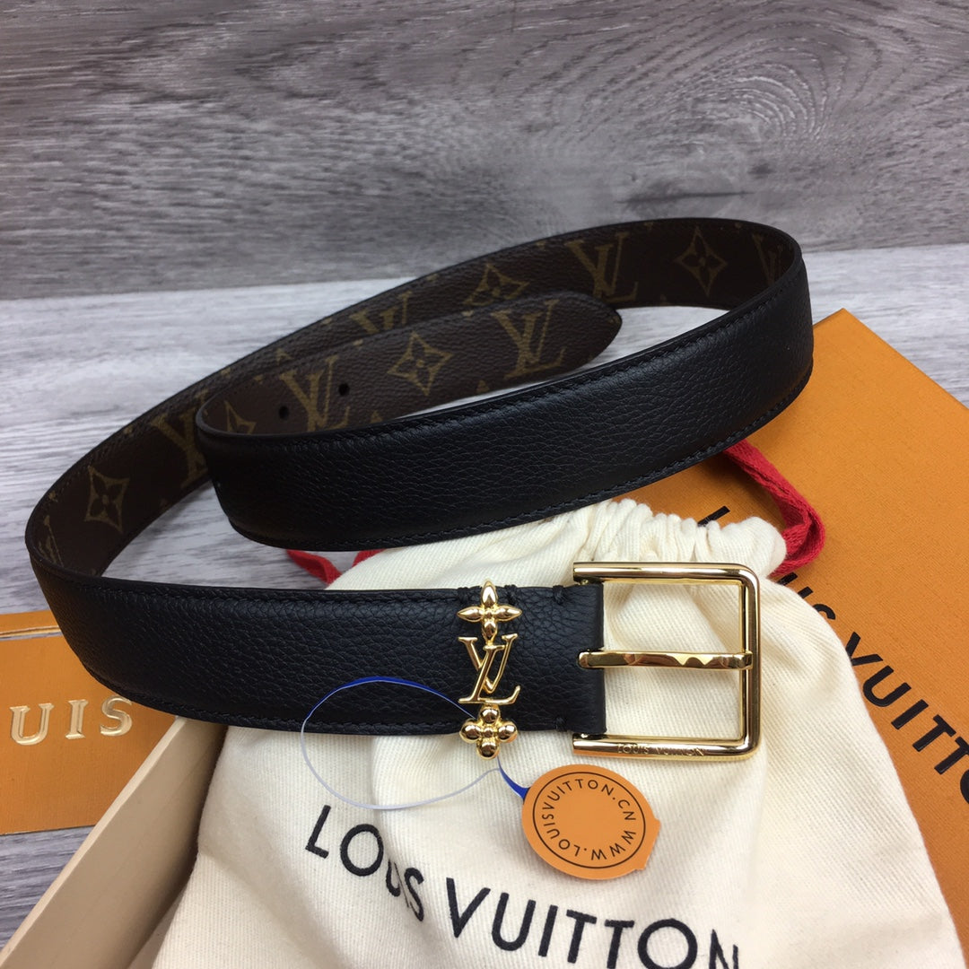LV BLOOM 30MM BELT BLACK CALFSKIN GOLD HARDWARE - 30