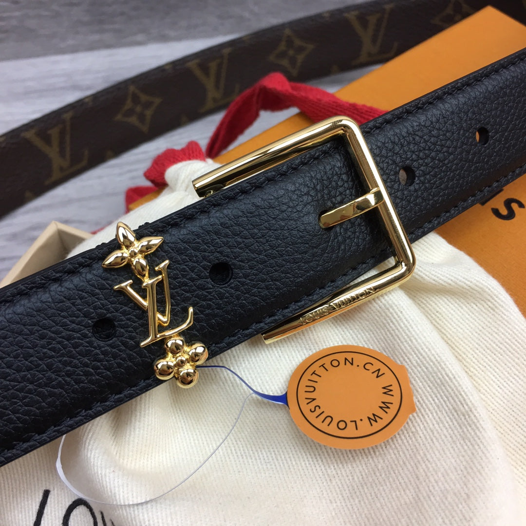 LV BLOOM 30MM BELT BLACK CALFSKIN GOLD HARDWARE - 30