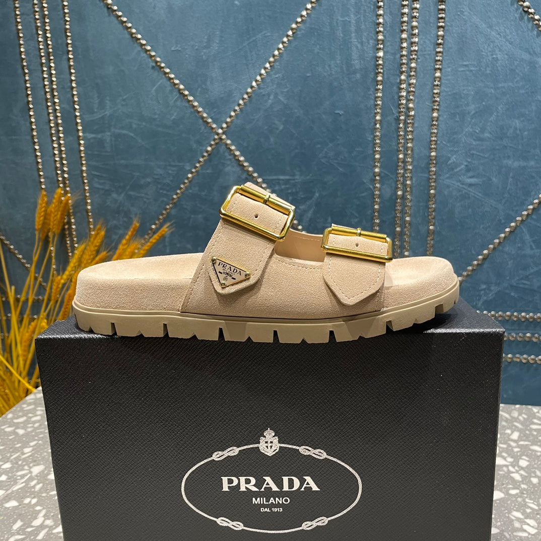 PRA STRAP SLIDES SANDALS BEIGE SUEDE - 35