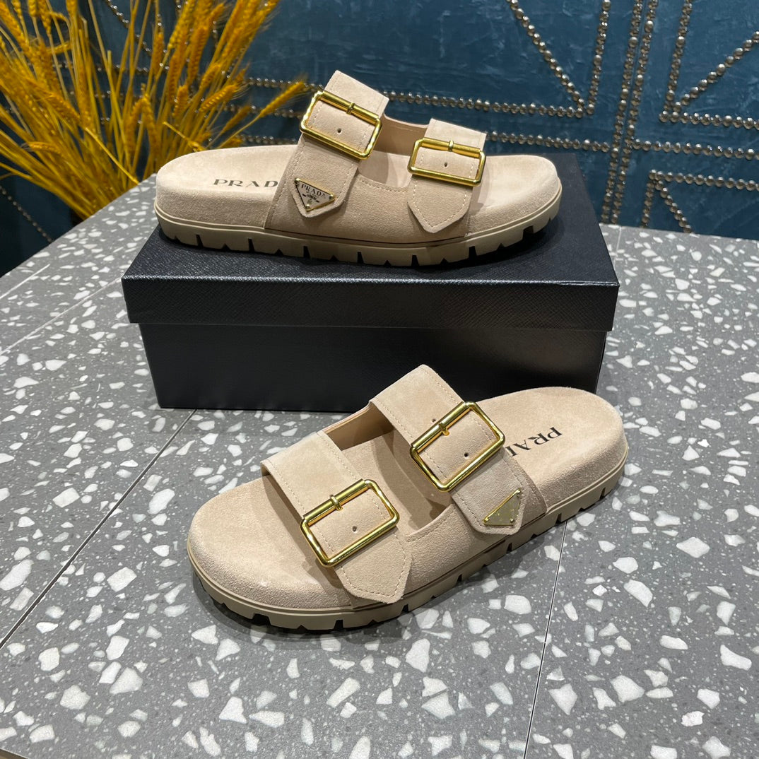 PRA STRAP SLIDES SANDALS BEIGE SUEDE - 35