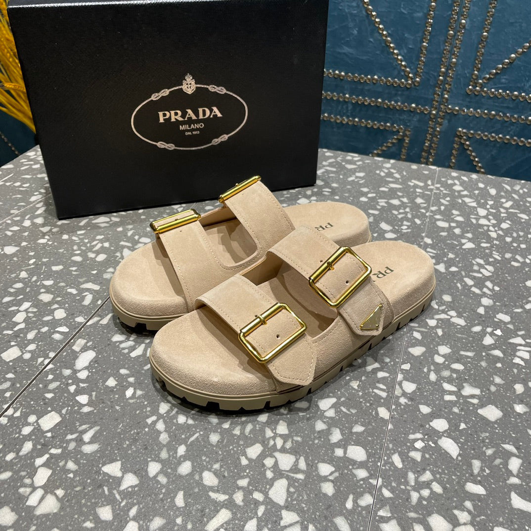 PRA STRAP SLIDES SANDALS BEIGE SUEDE - 35