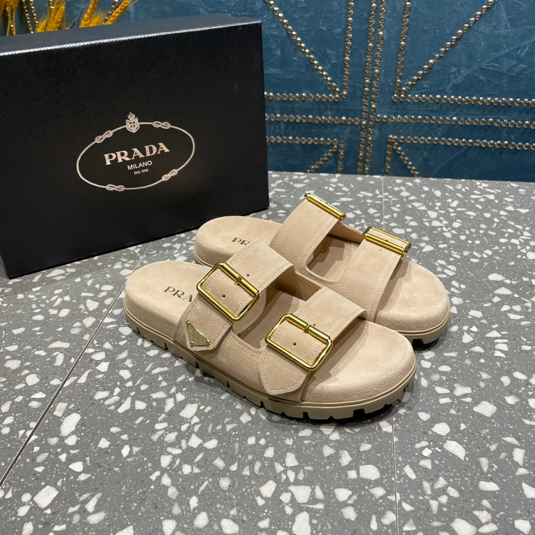 PRA STRAP SLIDES SANDALS BEIGE SUEDE - 35