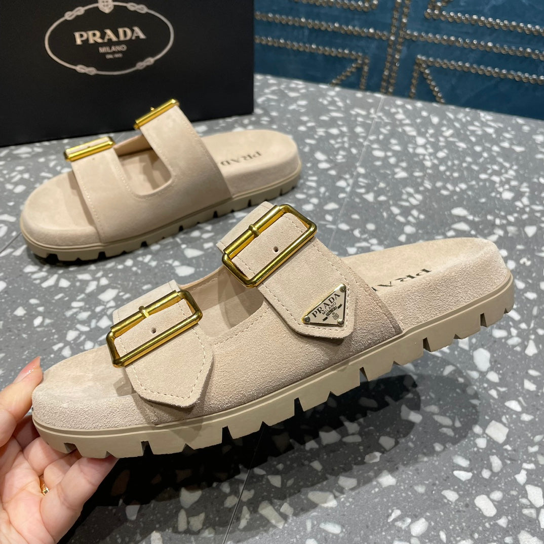 PRA STRAP SLIDES SANDALS BEIGE SUEDE - 35
