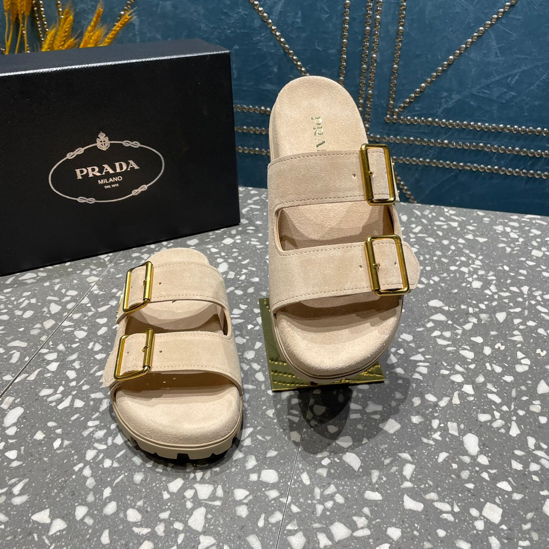 PRA STRAP SLIDES SANDALS BEIGE SUEDE - 35