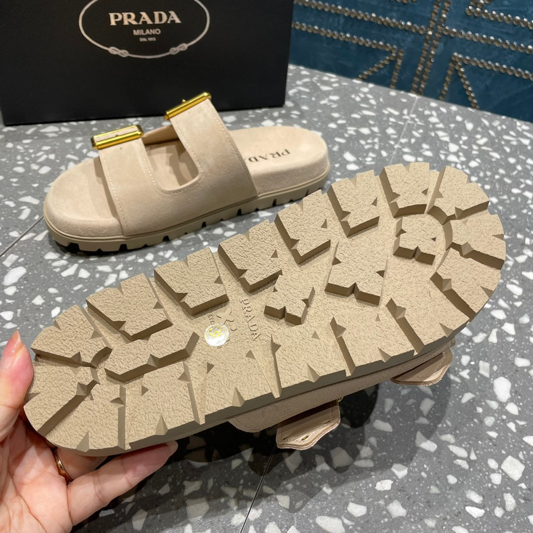 PRA STRAP SLIDES SANDALS BEIGE SUEDE - 35