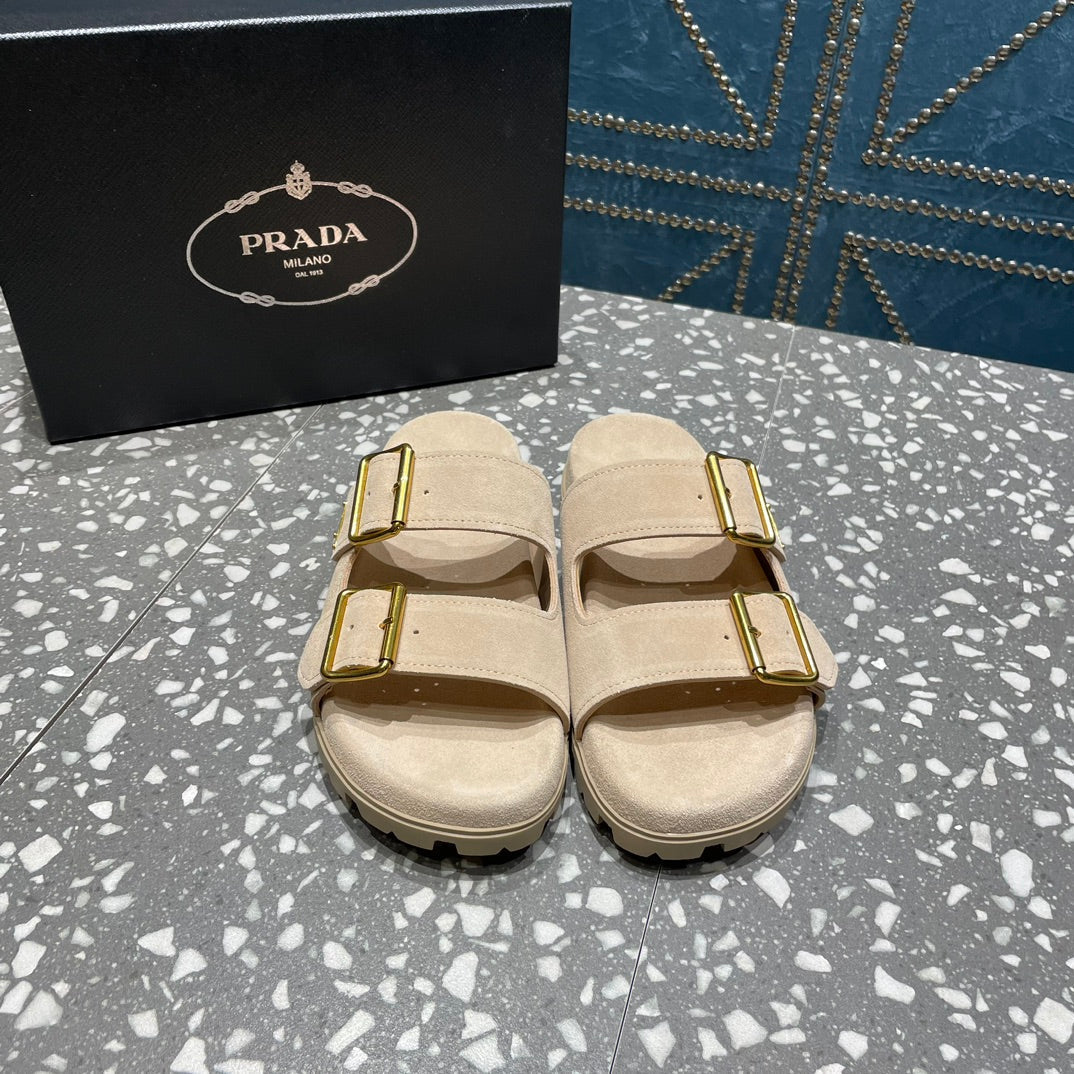 PRA STRAP SLIDES SANDALS BEIGE SUEDE - 35