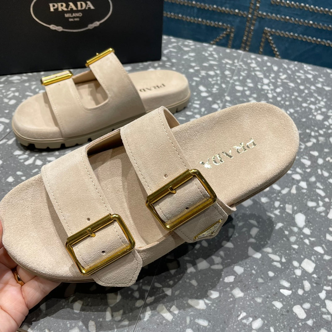PRA STRAP SLIDES SANDALS BEIGE SUEDE - 35