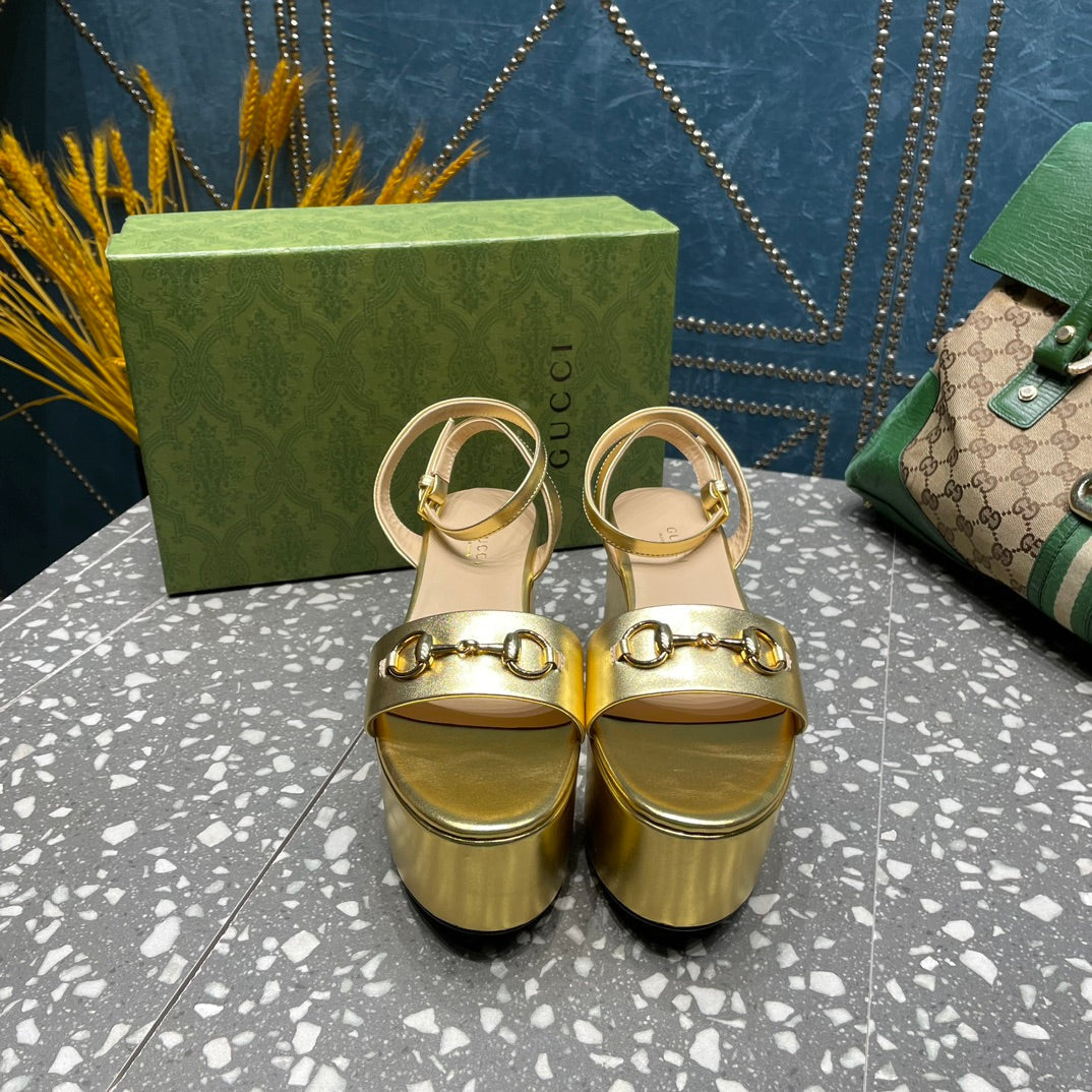 GG HORSEBIT PLATFORM SANDAL METALLIC GOLD CALFSKIN - 35