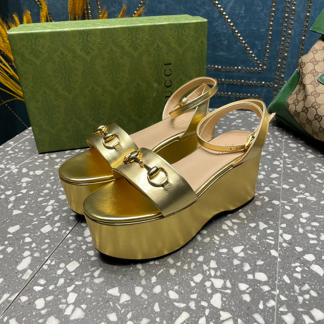 GG HORSEBIT PLATFORM SANDAL METALLIC GOLD CALFSKIN - 35