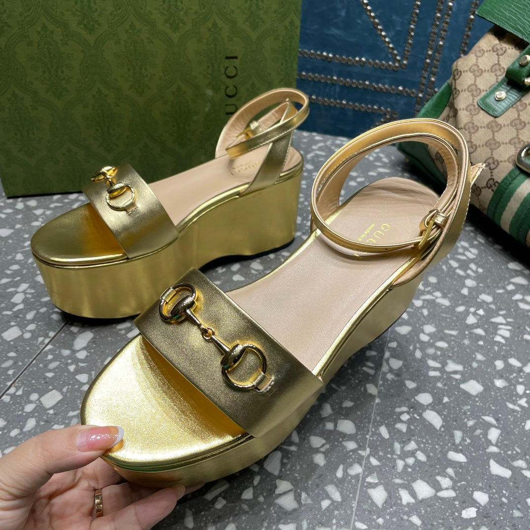 GG HORSEBIT PLATFORM SANDAL METALLIC GOLD CALFSKIN - 35