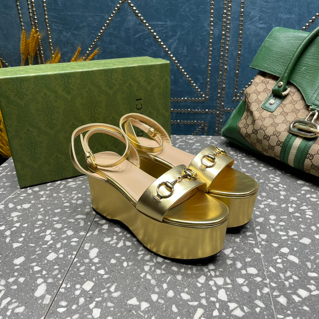 GG HORSEBIT PLATFORM SANDAL METALLIC GOLD CALFSKIN - 35