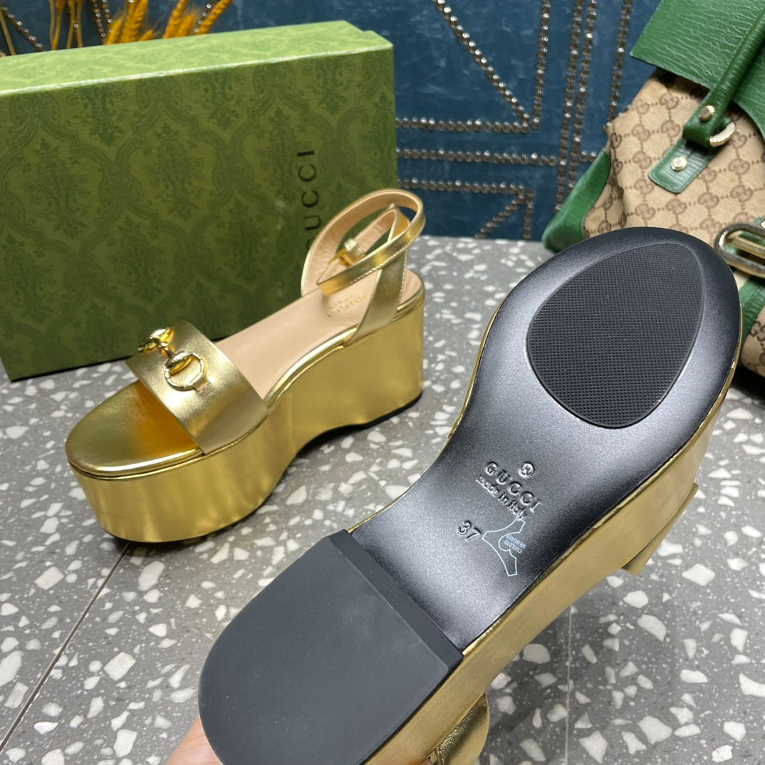 GG HORSEBIT PLATFORM SANDAL METALLIC GOLD CALFSKIN - 35