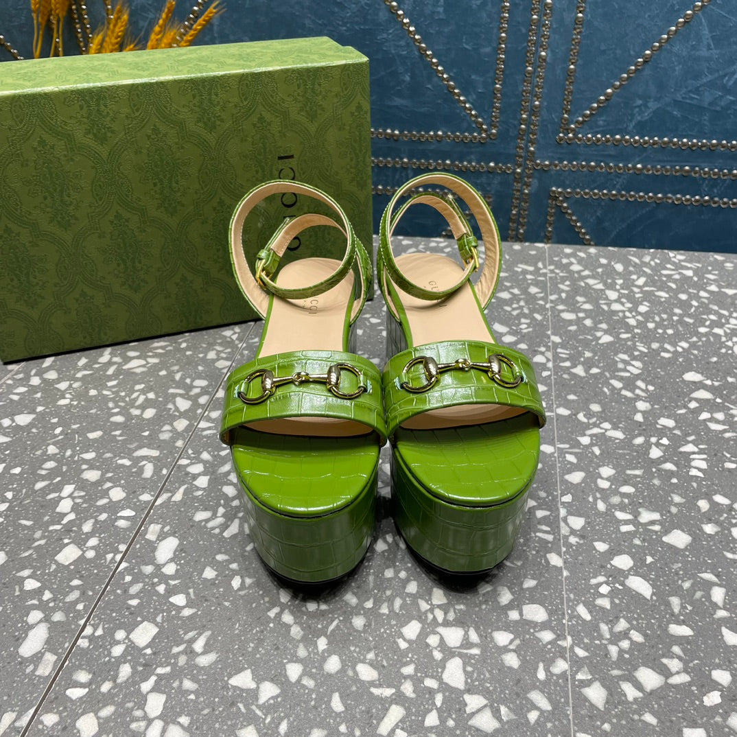 GG HORSEBIT PLATFORM SANDAL GREEN CALFSKIN - 35