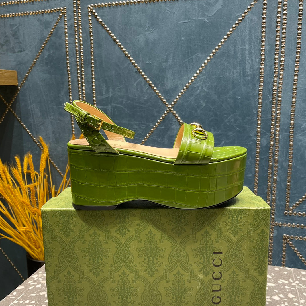 GG HORSEBIT PLATFORM SANDAL GREEN CALFSKIN - 35