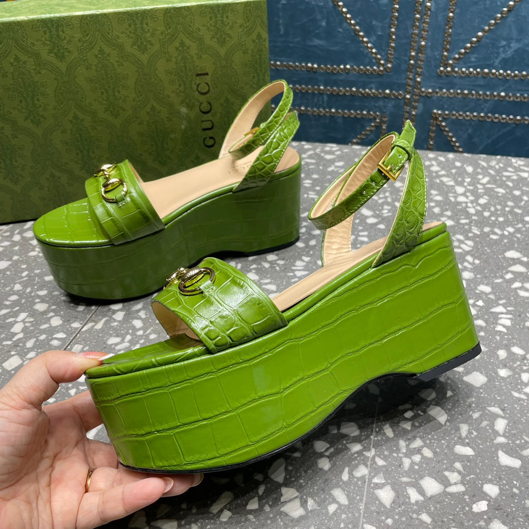 GG HORSEBIT PLATFORM SANDAL GREEN CALFSKIN - 35