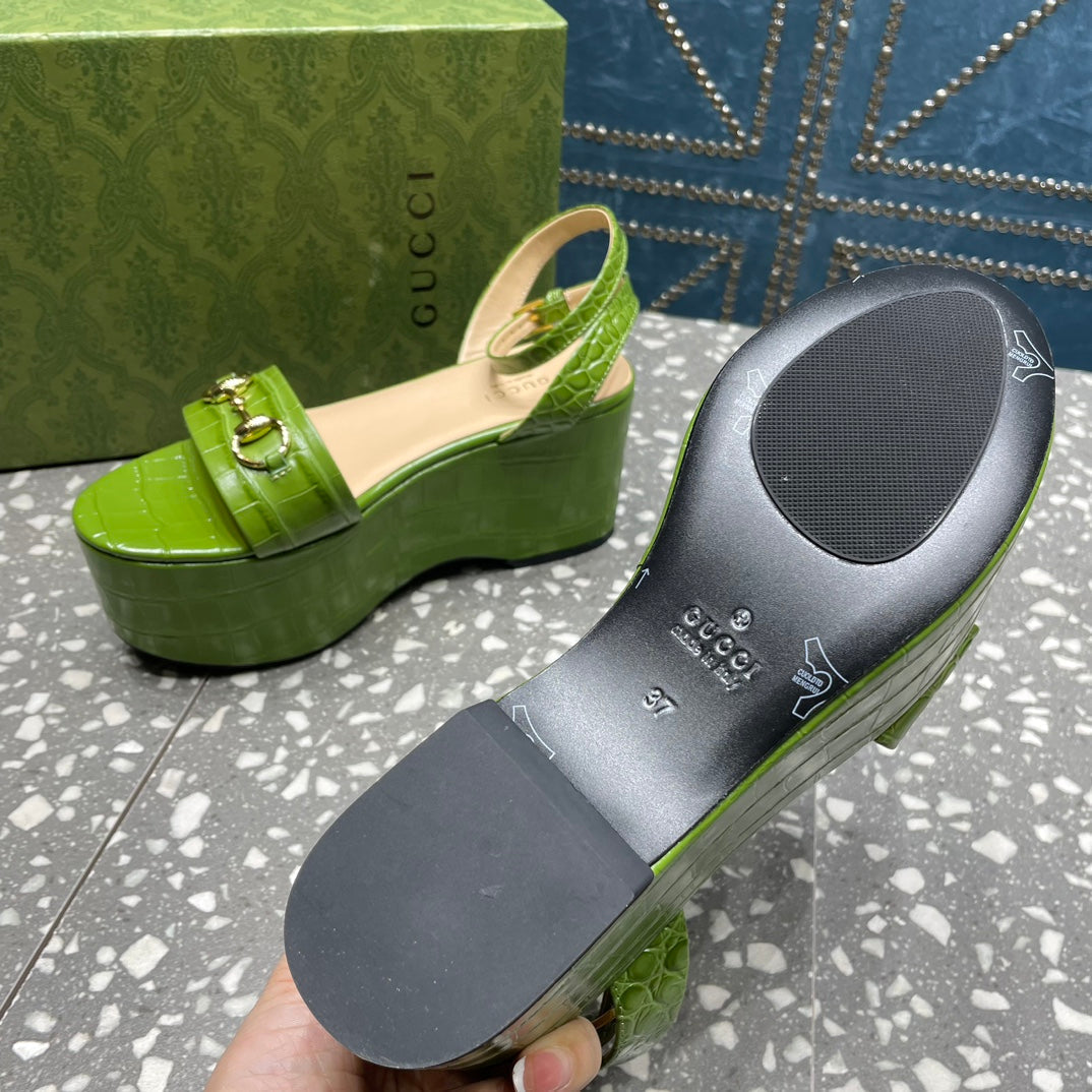 GG HORSEBIT PLATFORM SANDAL GREEN CALFSKIN - 35