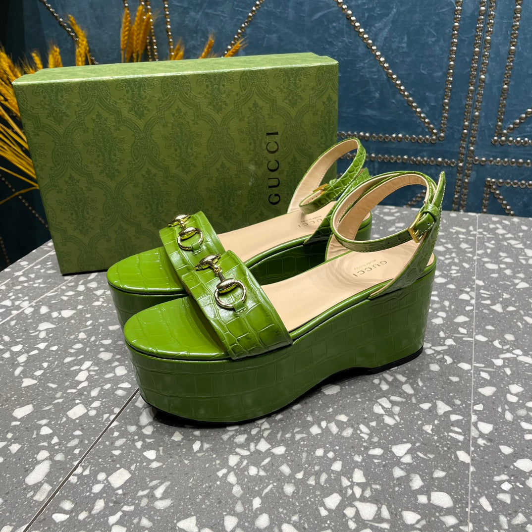 GG HORSEBIT PLATFORM SANDAL GREEN CALFSKIN - 35