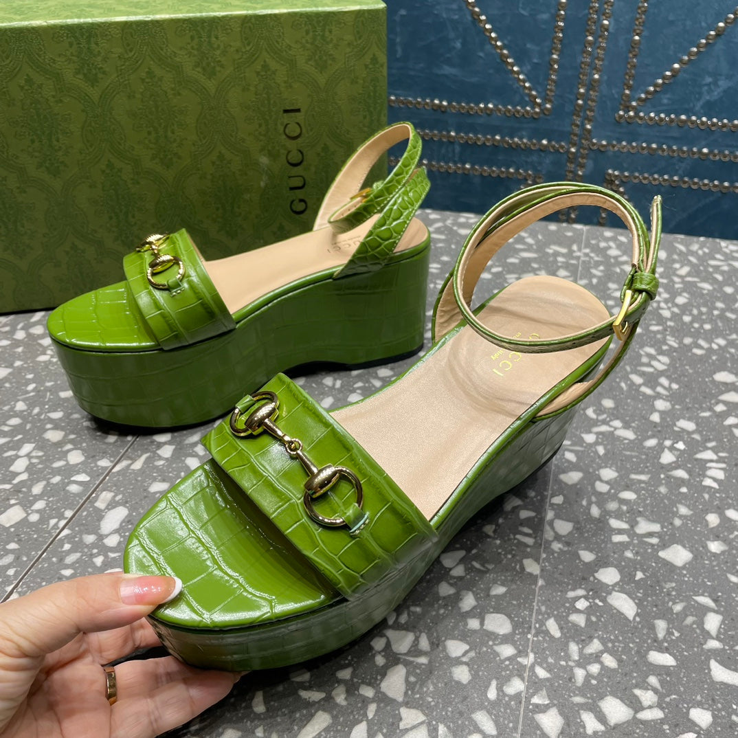GG HORSEBIT PLATFORM SANDAL GREEN CALFSKIN - 35