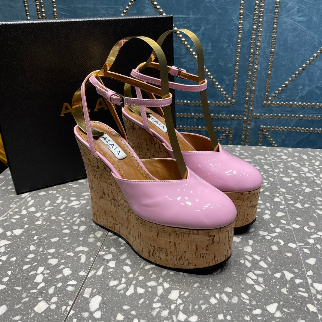 ALAIA WEDGE PUMP 15 CM IN NEON PINK LAMBSKIN AND BEIGE RUBBER - 35