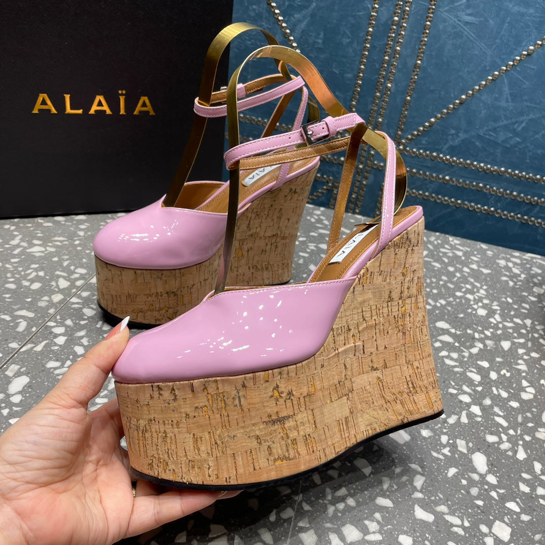 ALAIA WEDGE PUMP 15 CM IN NEON PINK LAMBSKIN AND BEIGE RUBBER - 35
