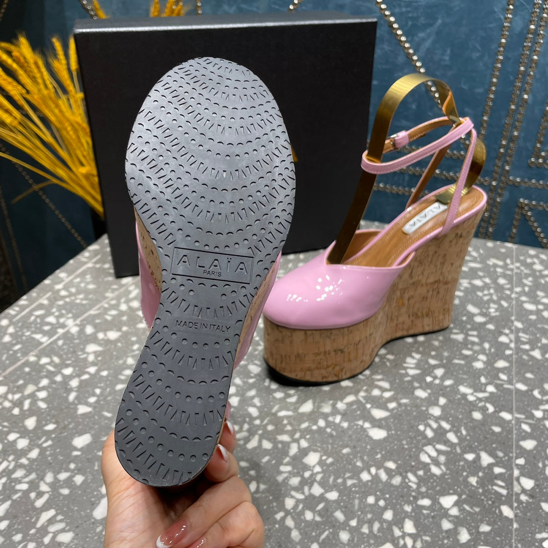 ALAIA WEDGE PUMP 15 CM IN NEON PINK LAMBSKIN AND BEIGE RUBBER - 35
