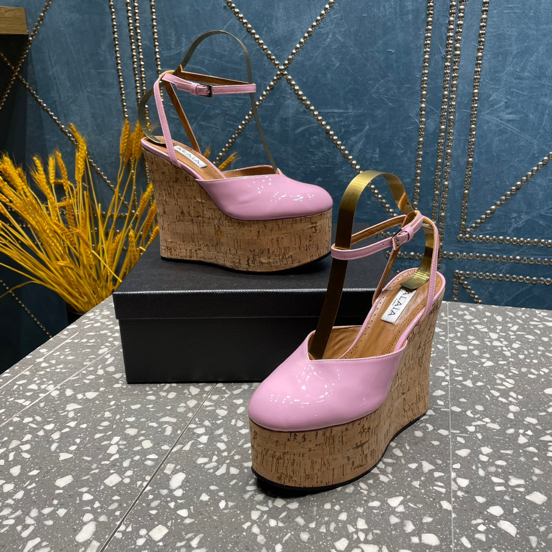 ALAIA WEDGE PUMP 15 CM IN NEON PINK LAMBSKIN AND BEIGE RUBBER - 35