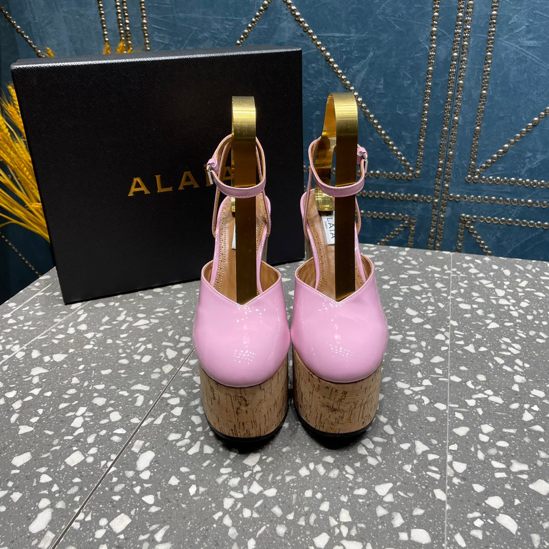 ALAIA WEDGE PUMP 15 CM IN NEON PINK LAMBSKIN AND BEIGE RUBBER - 35
