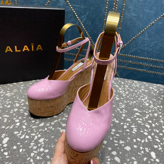 ALAIA WEDGE PUMP 15 CM IN NEON PINK LAMBSKIN AND BEIGE RUBBER - 35