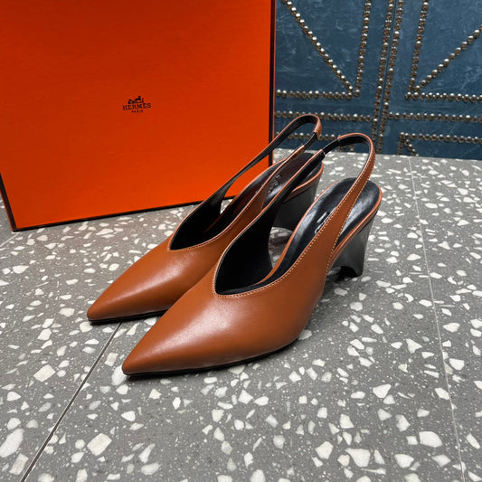HIGH SLINGBACKS 7 CM IN UMBER BROWN SHEEPSKIN - 35