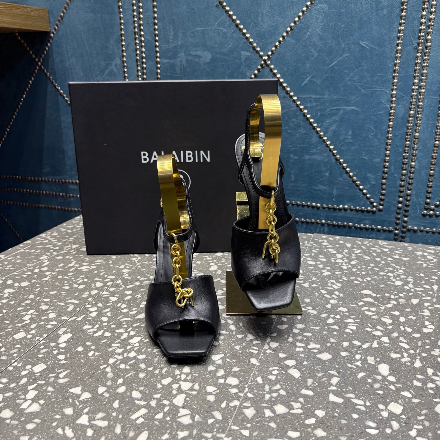 BALMAIN БОСОНІЖКИ НА ВИСОКИХ ПІДБОРАХ 26S, 95 ММ, ЧОРНА ТЕЛЯЧА ШКІРА