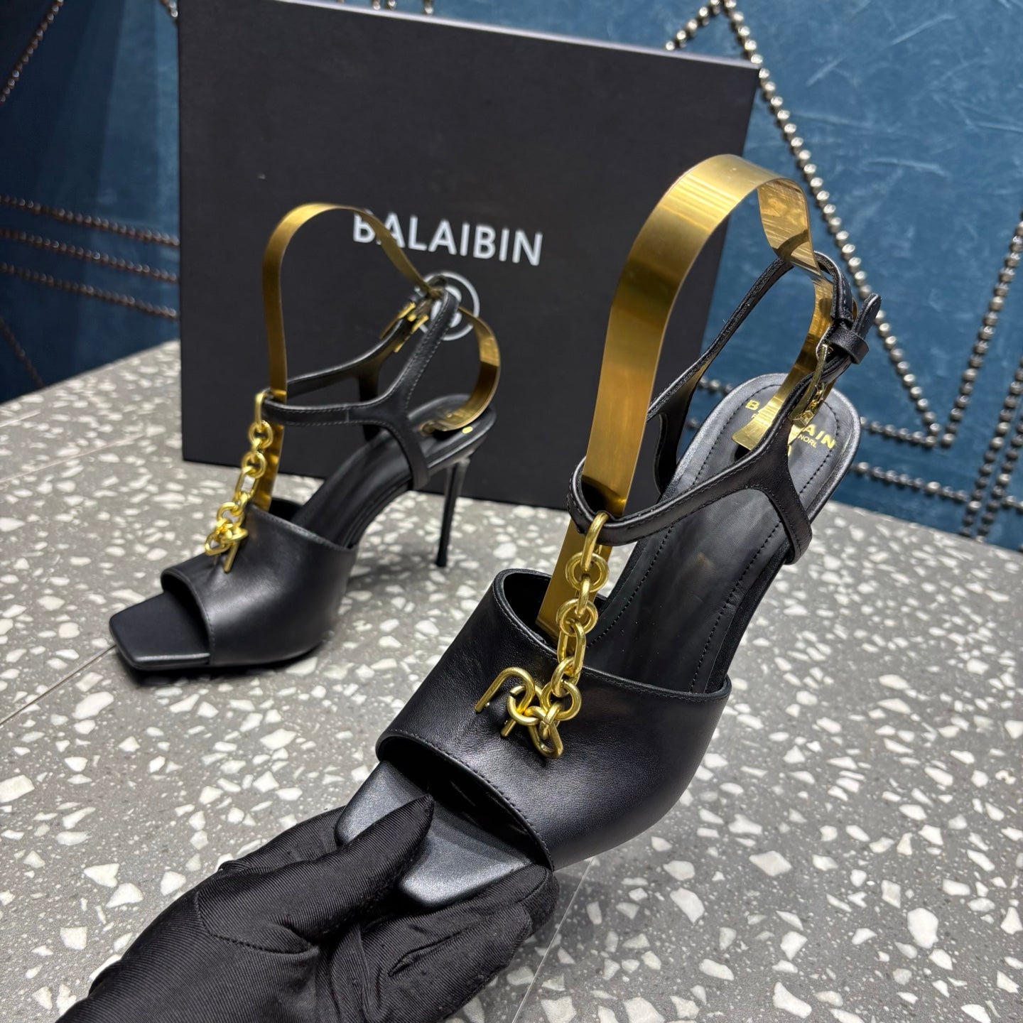 BALMAIN БОСОНІЖКИ НА ВИСОКИХ ПІДБОРАХ 26S, 95 ММ, ЧОРНА ТЕЛЯЧА ШКІРА