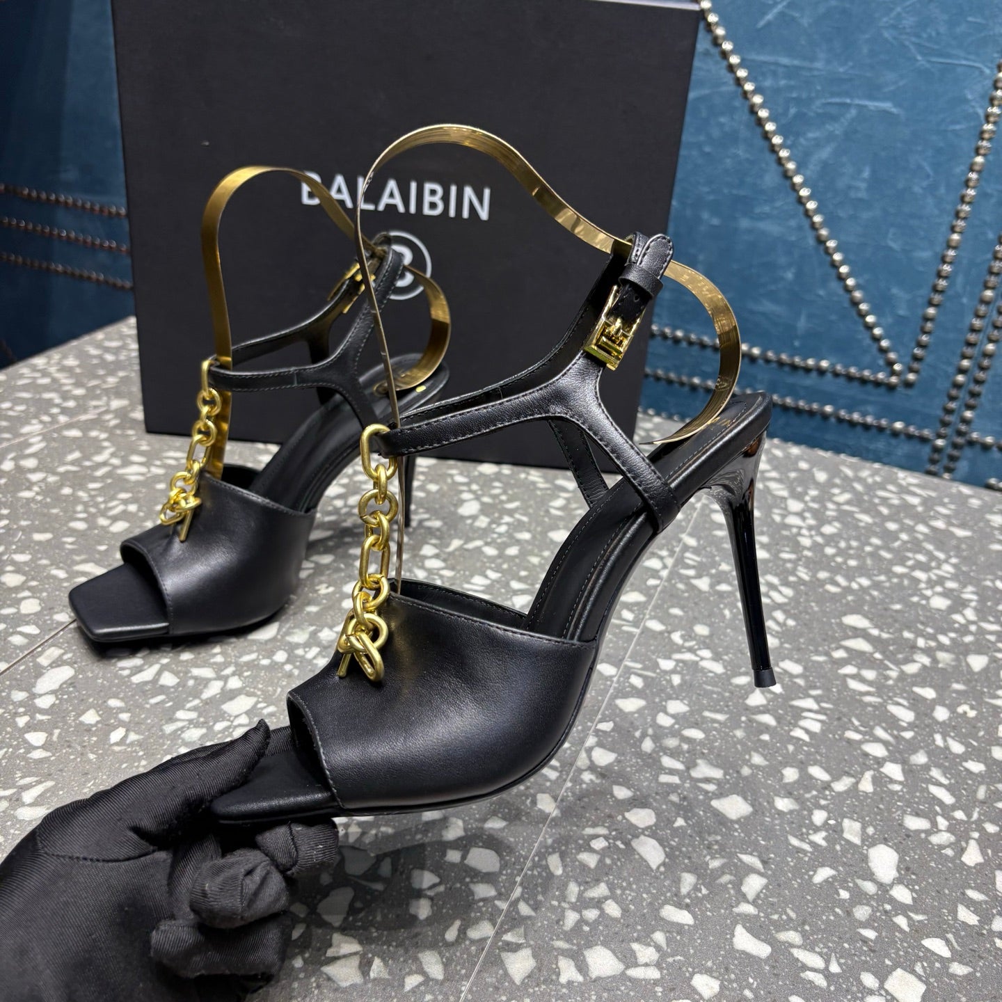 BALMAIN БОСОНІЖКИ НА ВИСОКИХ ПІДБОРАХ 26S, 95 ММ, ЧОРНА ТЕЛЯЧА ШКІРА