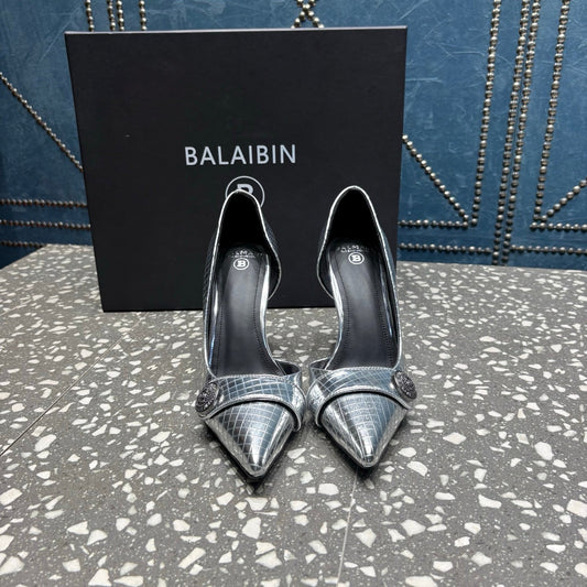 BALMAIN 26S ТУФЛІ НА ВИСОКИХ ПІДБОРАХ 95 ММ ЗІ СРІБНОЇ ТЕЛЯЧОЇ ШКІРИ