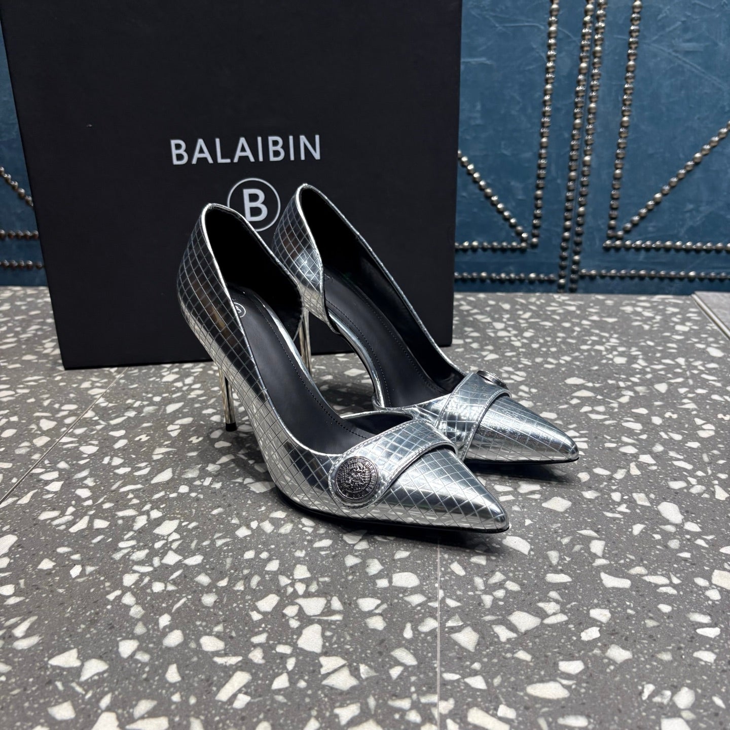 BALMAIN 26S ТУФЛІ НА ВИСОКИХ ПІДБОРАХ 95 ММ ЗІ СРІБНОЇ ТЕЛЯЧОЇ ШКІРИ