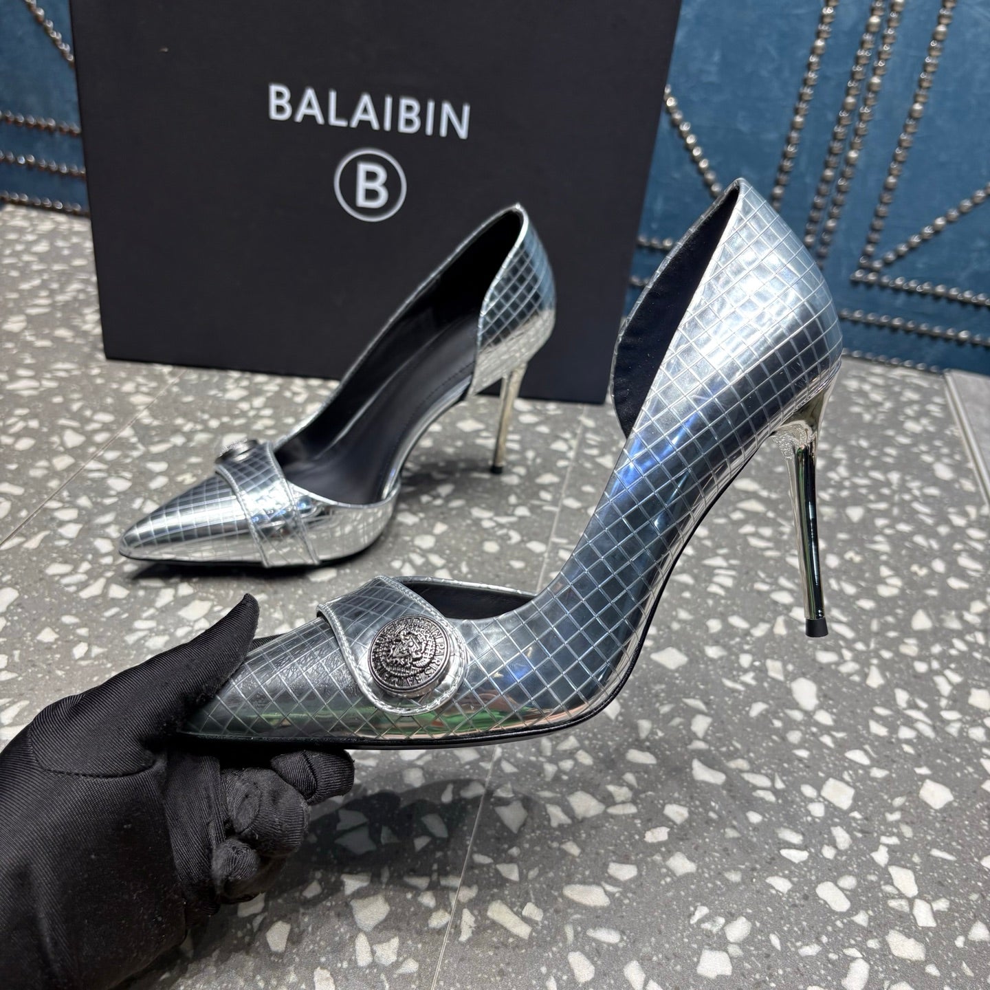 BALMAIN 26S ТУФЛІ НА ВИСОКИХ ПІДБОРАХ 95 ММ ЗІ СРІБНОЇ ТЕЛЯЧОЇ ШКІРИ