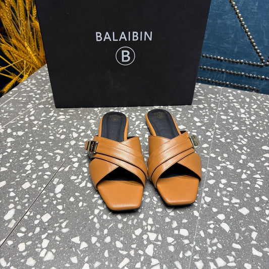 Шльопанці BALMAIN 26S ЗІ СТРІЧКАМИ НАВХРЕСТ З КОРИЧНЕВОЇ ТЕЛЯЧОЇ ШКІРИ