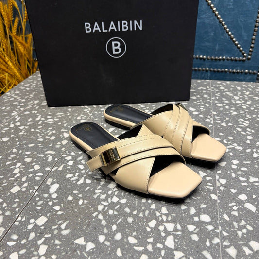 Шльопанці BALMAIN 26S ЗІ СТРІЧКАМИ НАВХРЕСТ З БЕЖЕВОЇ ТЕЛЯЧОЇ ШКІРИ