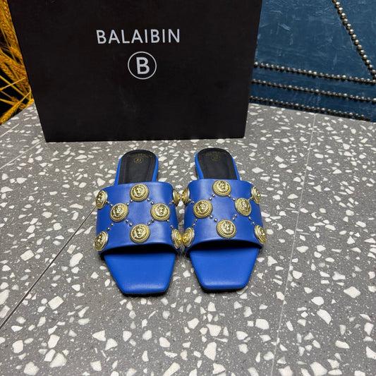 Шльопанці BALMAIN 26S З ТЕМНО-СИНЬОЇ ТЕЛЯЧОЇ ШКІРИ ІЗ ЗОЛОТОЮ ФУРНІТУРОЮ