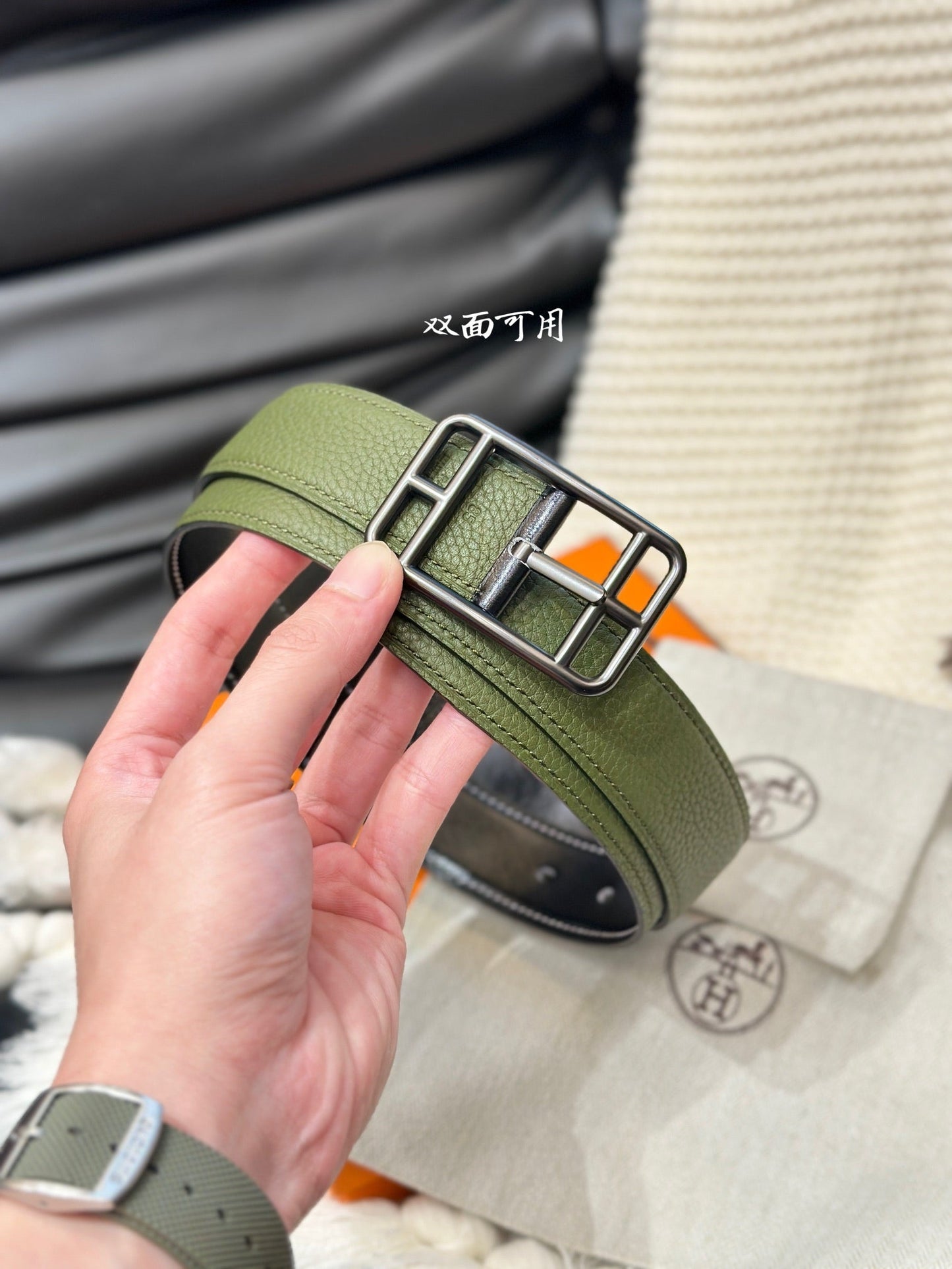 HM-CAPE COD 32MM REVERSIBLE BELT OLIVE GREEN AND BLACK LEATHER BLACK HARDWARE - 30