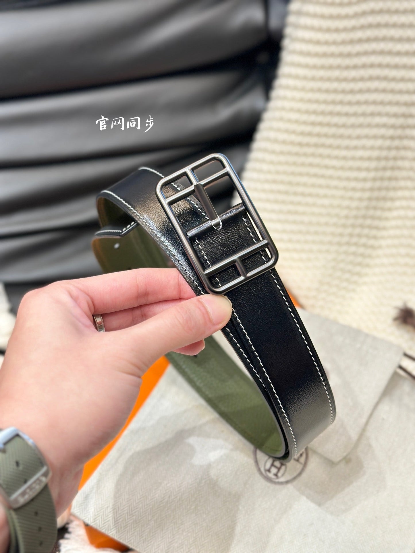 HM-CAPE COD 32MM REVERSIBLE BELT OLIVE GREEN AND BLACK LEATHER BLACK HARDWARE - 30