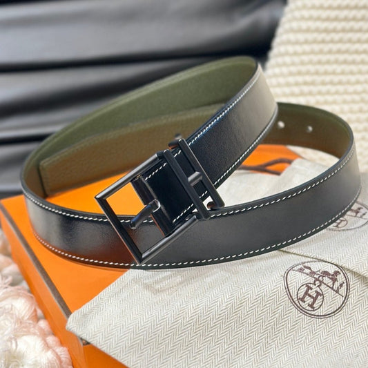 HM NATHAN REVERSIBLE BELT  32MM OLIVE GREEN AND BLACK LEATHER BLACK HARDWARE - 30