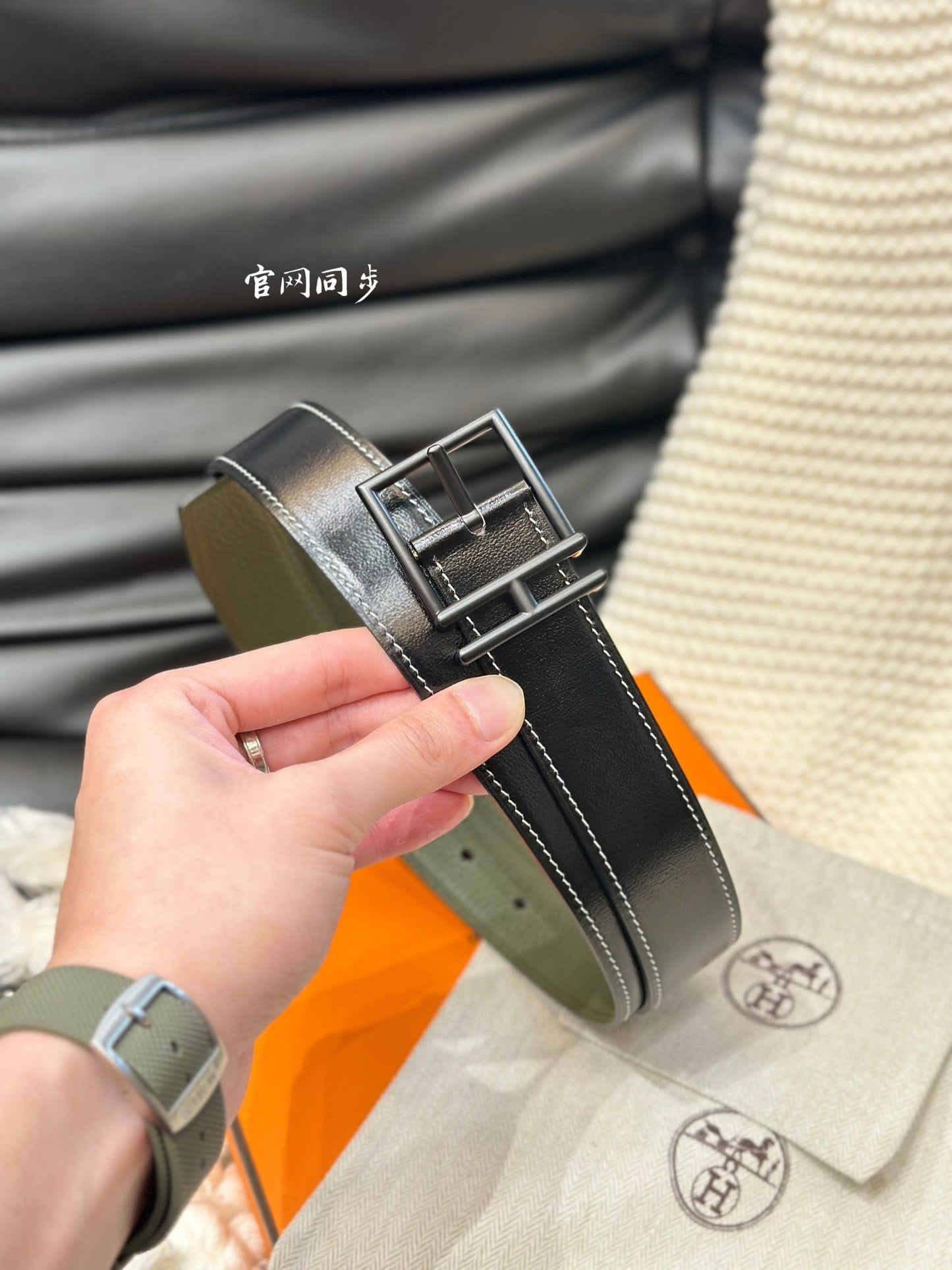 HM NATHAN REVERSIBLE BELT  32MM OLIVE GREEN AND BLACK LEATHER BLACK HARDWARE - 30