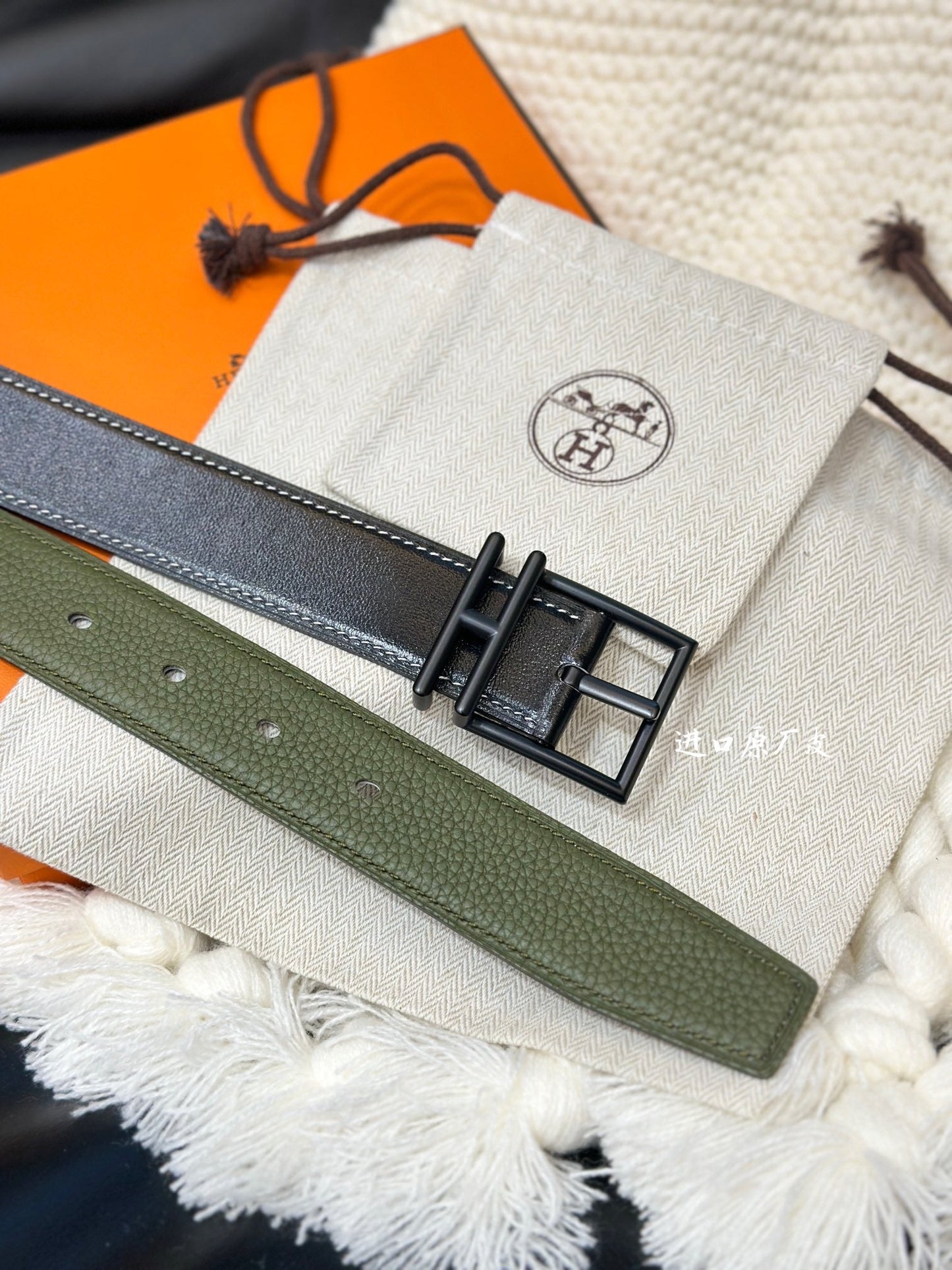HM NATHAN REVERSIBLE BELT  32MM OLIVE GREEN AND BLACK LEATHER BLACK HARDWARE - 30