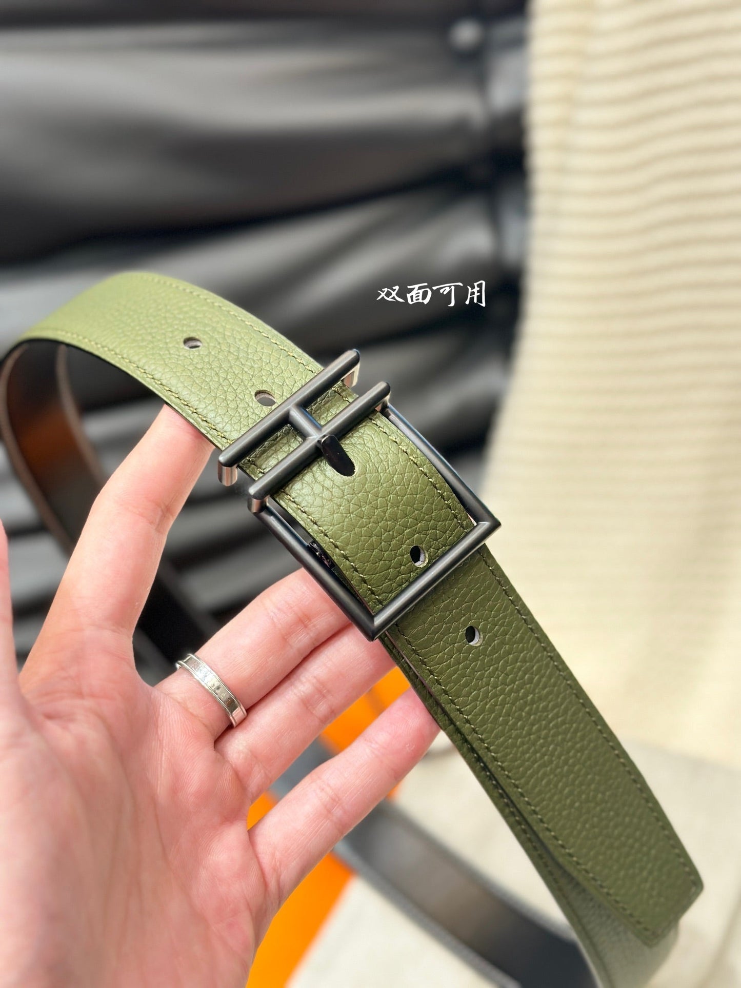 HM NATHAN REVERSIBLE BELT  32MM OLIVE GREEN AND BLACK LEATHER BLACK HARDWARE - 30