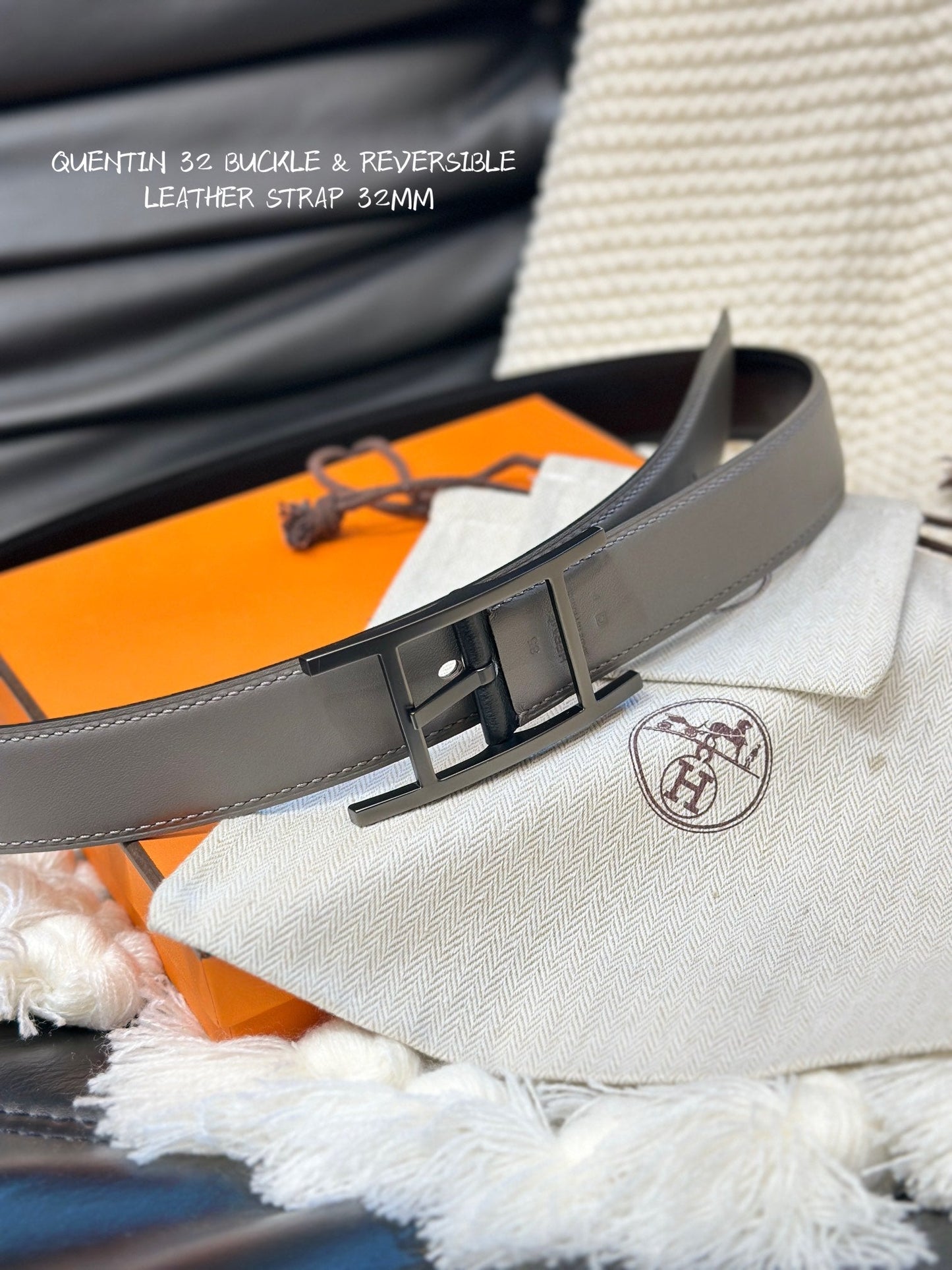 HM QUENTIN 32MM REVERSIBLE BELT BLACK AND KHAKI BROWN LEATHER BLACK HARDWARE - 30
