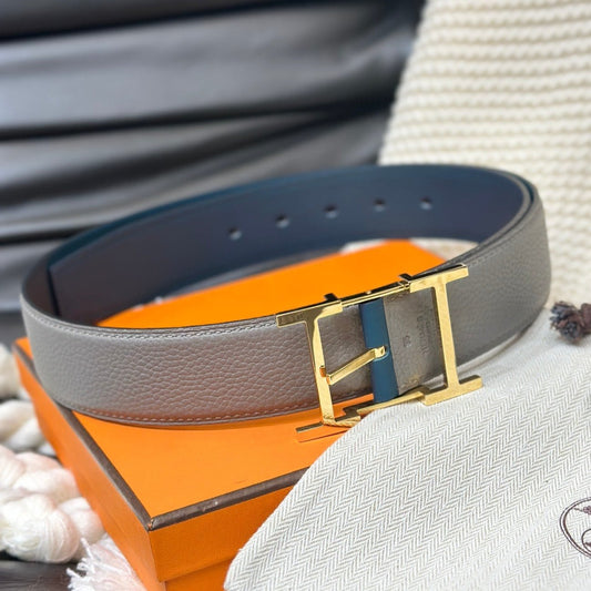 HM HADRIEN 38MM REVERSIBLE BELT GREY AND BLUE LEATHER GOLD BUCKLE - 30